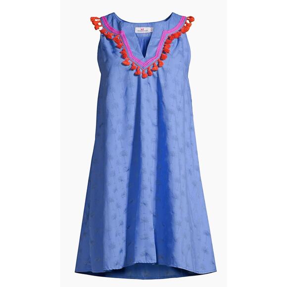 Vineyard Vines  Sunset Palm Tassel Embroidered blue Mini Dress Beach Vacation XL - Picture 1 of 10